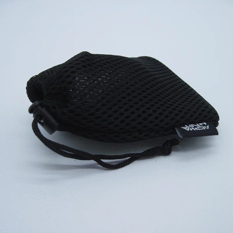 Small  black drawstring bag mesh bag with woven label polyester drawstring mesh bag