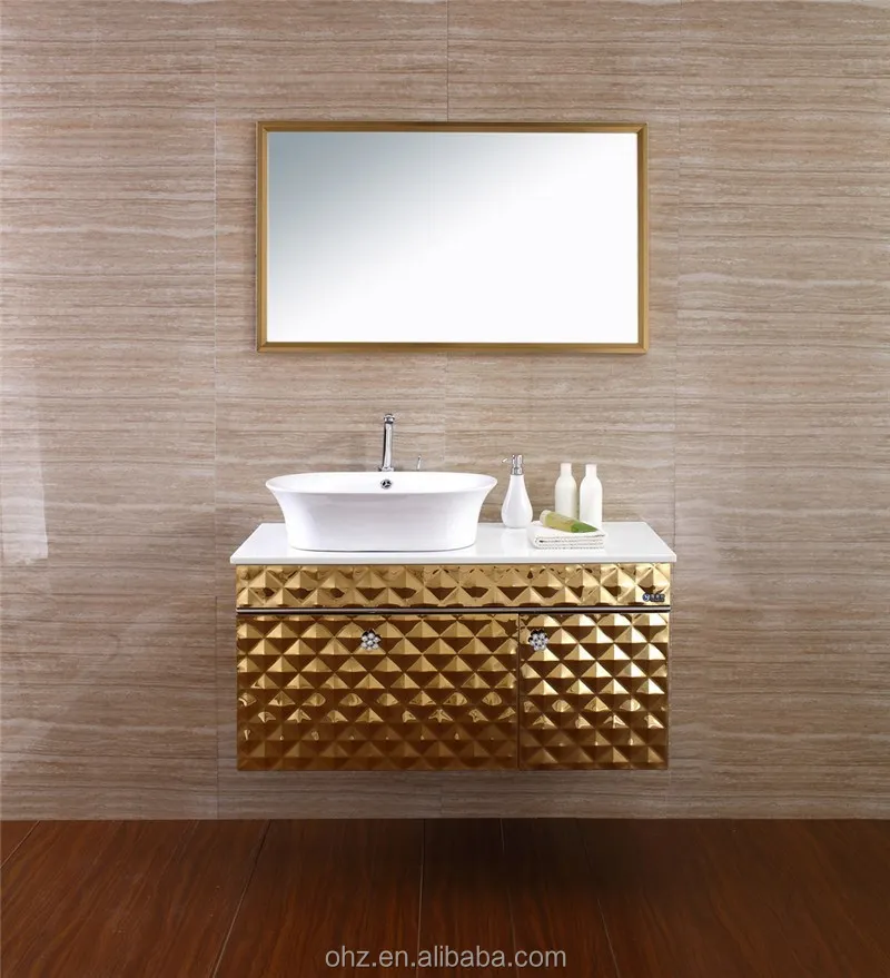 Wall Mounted Single Basin Antique Golden Stainless Steel Bathroom Vanity Cabinet 083