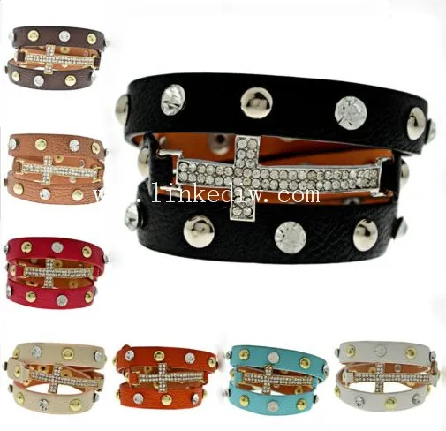 Genuine Leather multilayer bracelet with Crystal 10mm beads magnetic clasp factory price