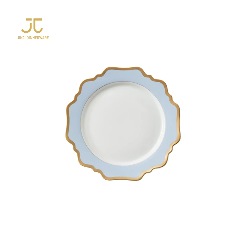 
Blue White Porcelain Gold Rim Customized Print Dinner Sets Plates For Restaurant 