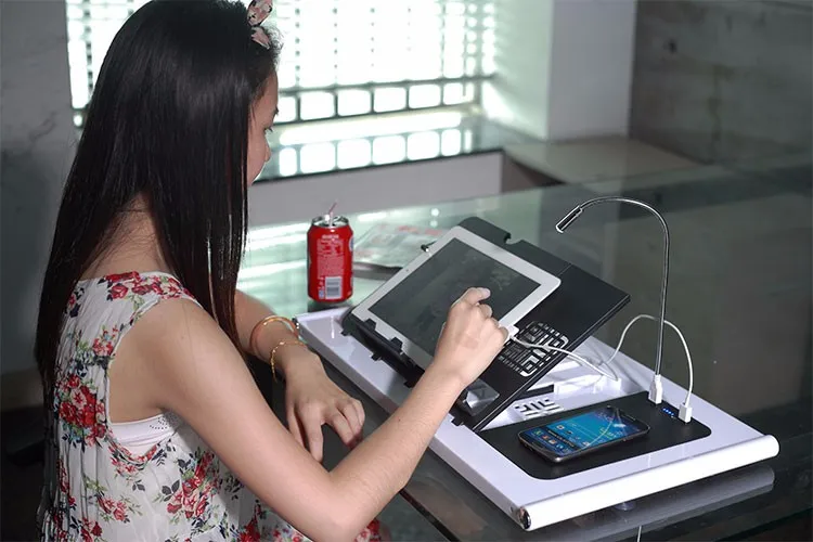 hot sell Built-in power bank  laptop table with 15W fast wireless charger for bed sofa outdoor