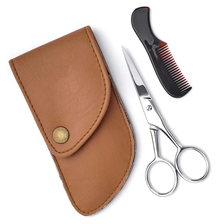 High quality stainless steel beard scissors beard comb in PU leather case