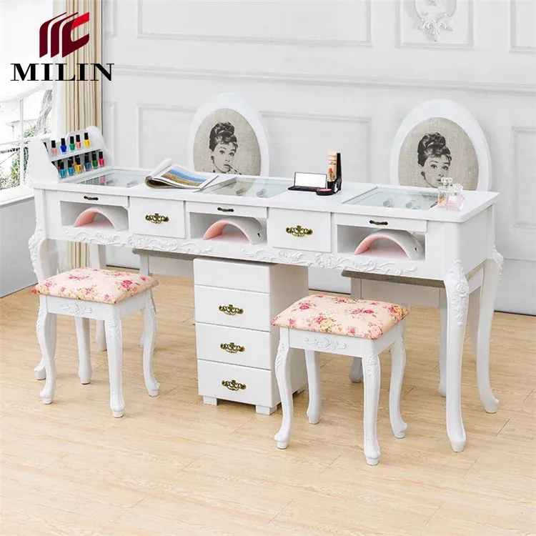 
Glass top drawers manicure salon nail table with trolley and chair 