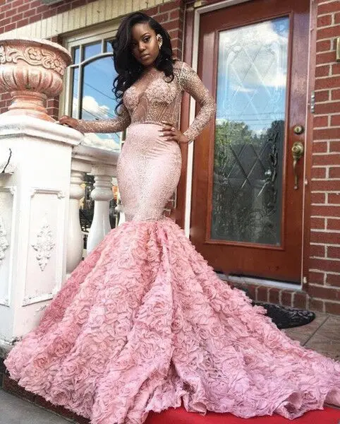 
ZH1503X Gorgeous Pink Long Sleeve Prom Dress Sexy See Through Long Sleeve Open Back Mermaid Evening Gowns Formal Party Dress 