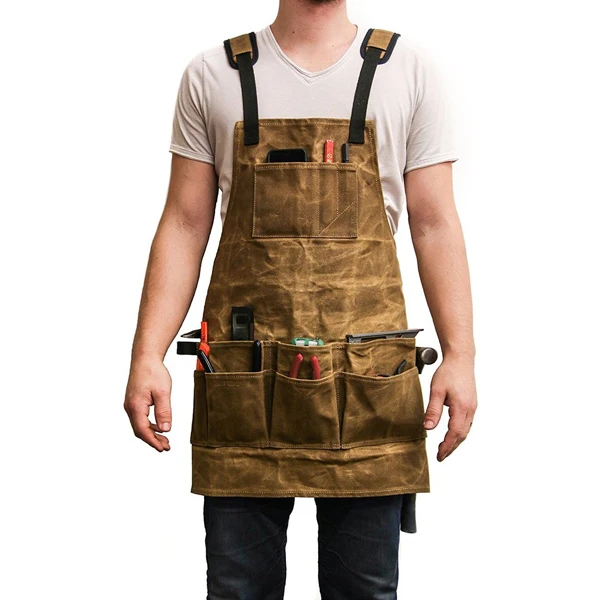 Heavy Duty Durable Thick BBQ Apron Waxed Canvas Tool Apron Carpenter Apron with Multi-functional Pocket