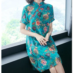 Китайское традиционное платье, женское шелковое атласное платье Ципао с коротким рукавом, длинное летнее платье