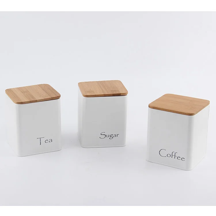 Hot Selling wood cover 3 pcs dry food storage Airtight Metal Tin Iron color Square flour sugar canister sets for kitchen counter