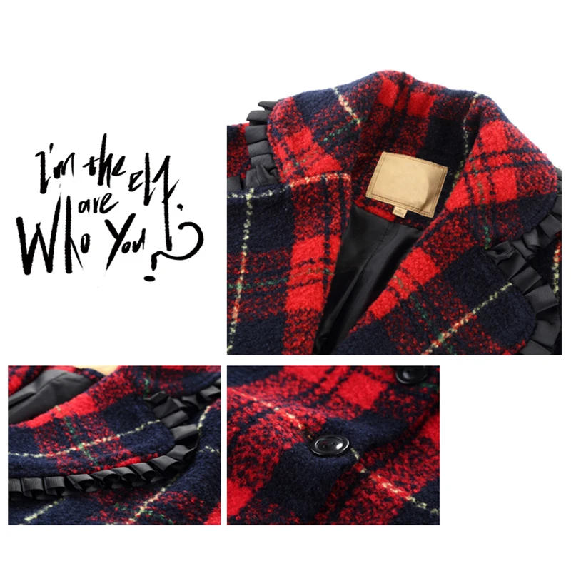 Maxnegio Long Woolen Coat Vintage Outdoor Jacket Lattice Women Fancy Overcoat