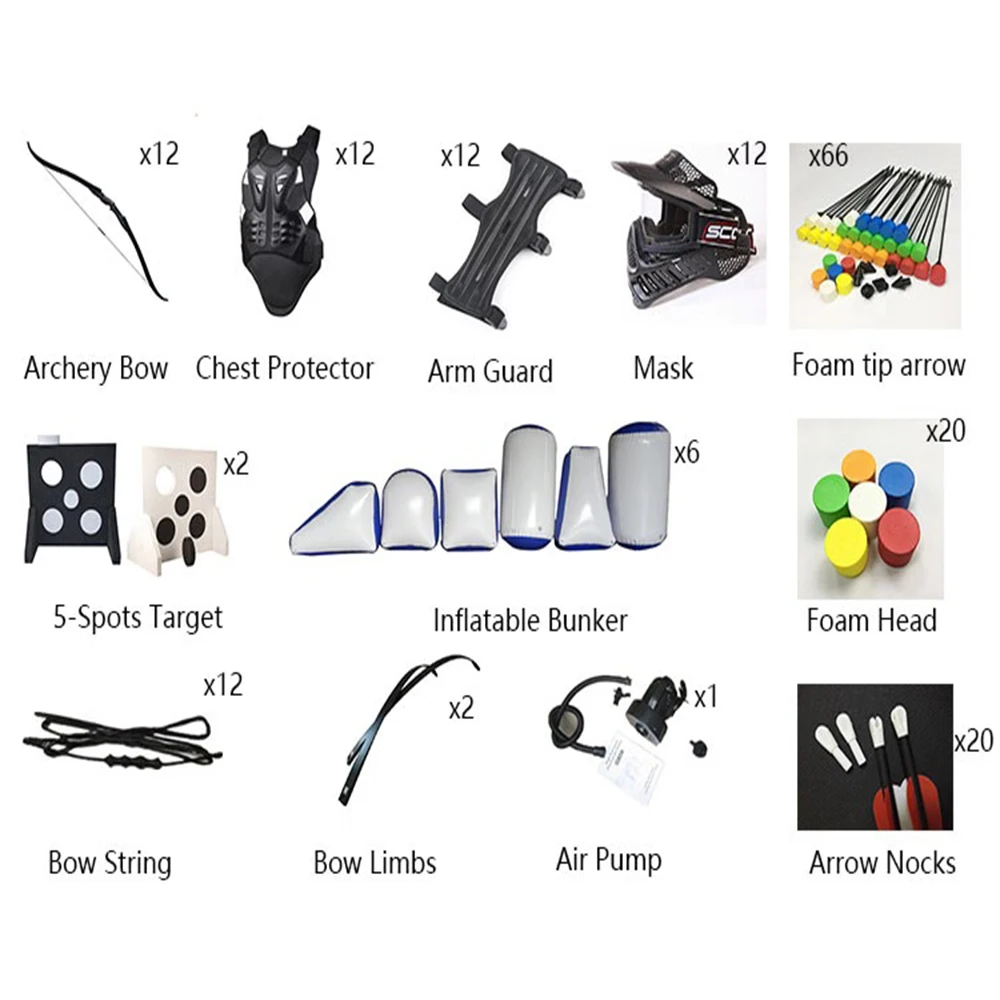 Archery saver finger bow and foam tip arrow game tag include mask/ Inflatable Bunkers/target/chest protector