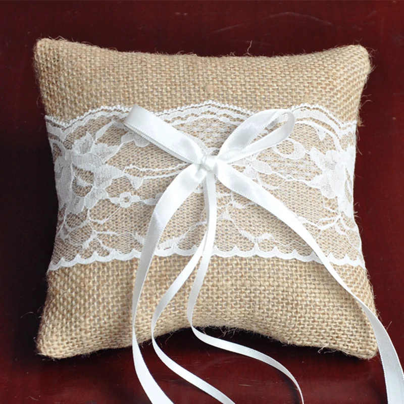 J08 Delicate Wedding Ring Pillow Khaki Linen Lace Butterfly Knotted Handmade Marriage Ring Pillow Cheap Wedding accessories