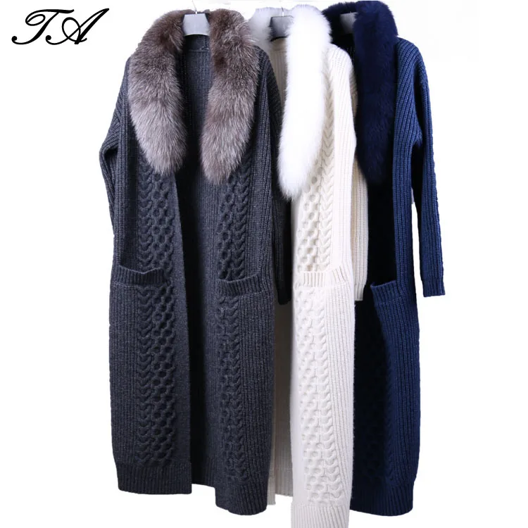 Casual Style Removable Fox Fur Collar Big Pocket Wool Blended 3 GG Cabel Knitted Long Open Front Style Cardigan