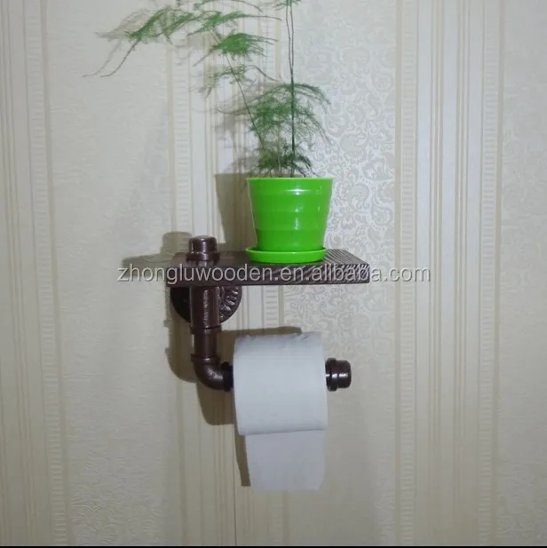 
Industrial Toilet Paper Holder Standing Metal Wall Storage Missingift Tissue Roll Stand with Wooden Shelf 