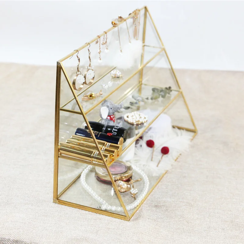 European Gold Glass Trapezoid Metal Jewelry Rack Home Decoration