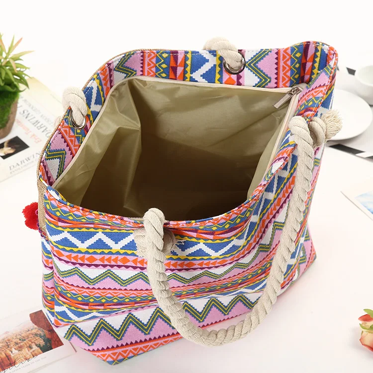 Wholesale Aztec Print Pattern Canvas Beach Tote Bag With Grommet Handles