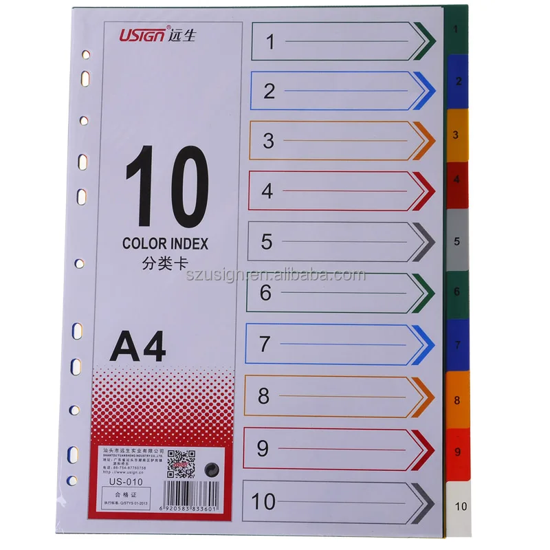 US-010 A4 assorted color PP Index Divider index cards