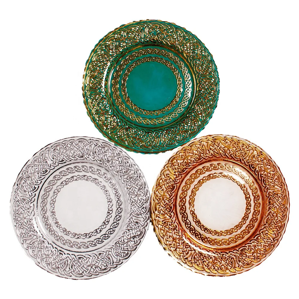 European wedding coloured glass charger plates  round white and gold  plastic glass charger plates
