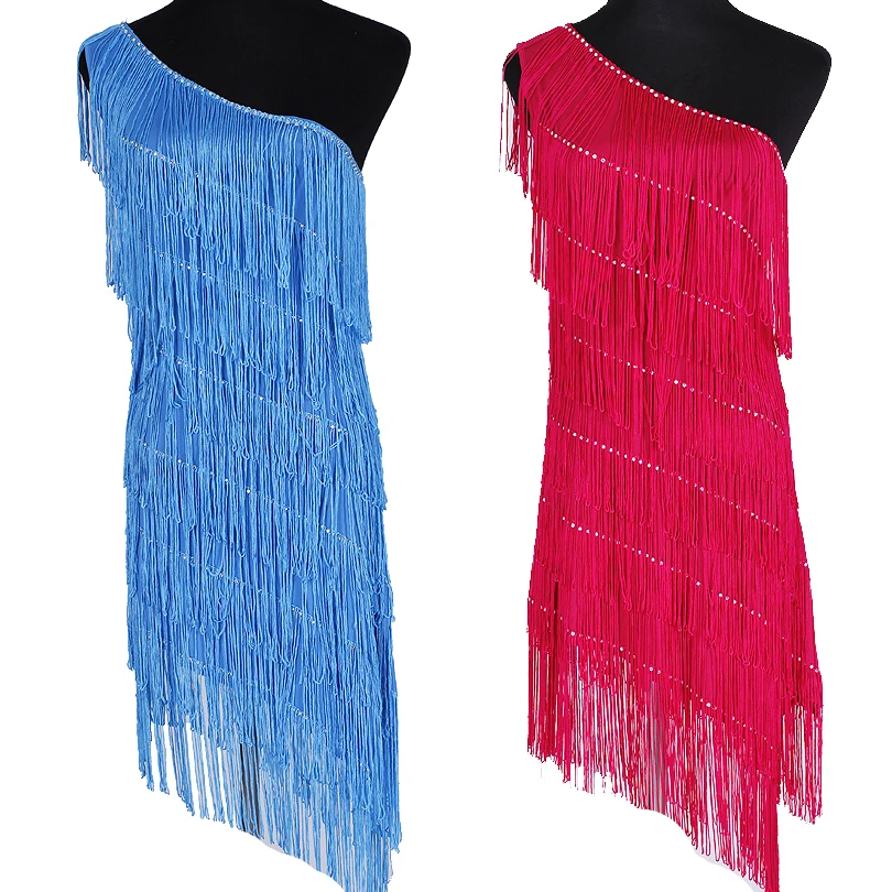 Rhinestone off-shoulder Latin Dance Dress Competition Salsa Tango Performance Festival Party Cocktail Tassel Dress