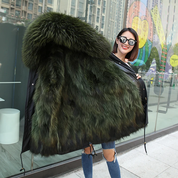 2018 Winter Warm Hooded Real Fox Army Green parka fur jacket For Women