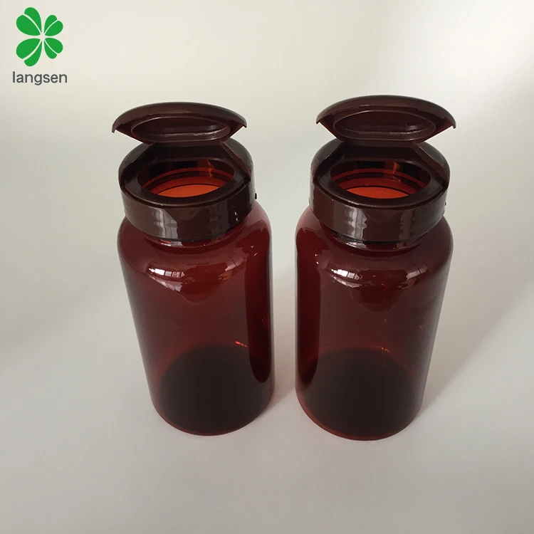 Private label PET 150ml / 150cc / 5 OZ amber brown color flip top cap capsule bottle, tablets pills medicines bottle container