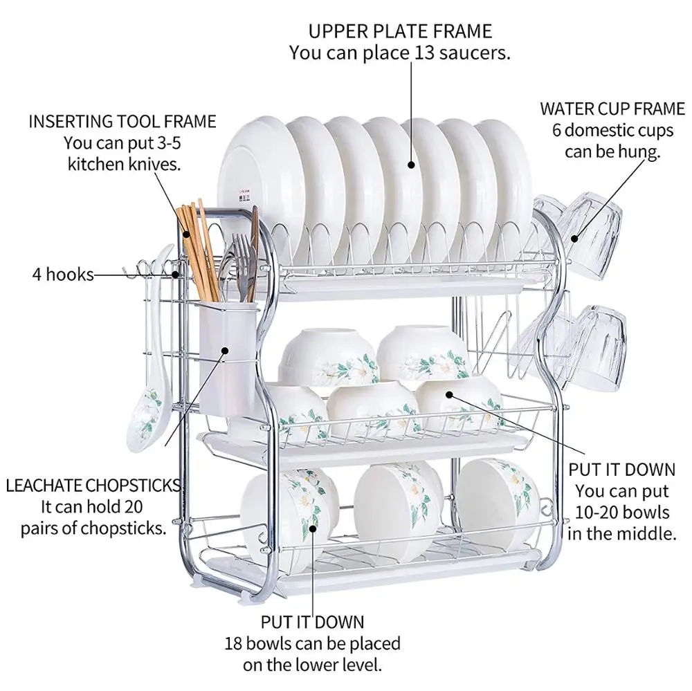 Amazon hot selling kitchen organizer 3 tiers stainless steel large dish rack with drain board