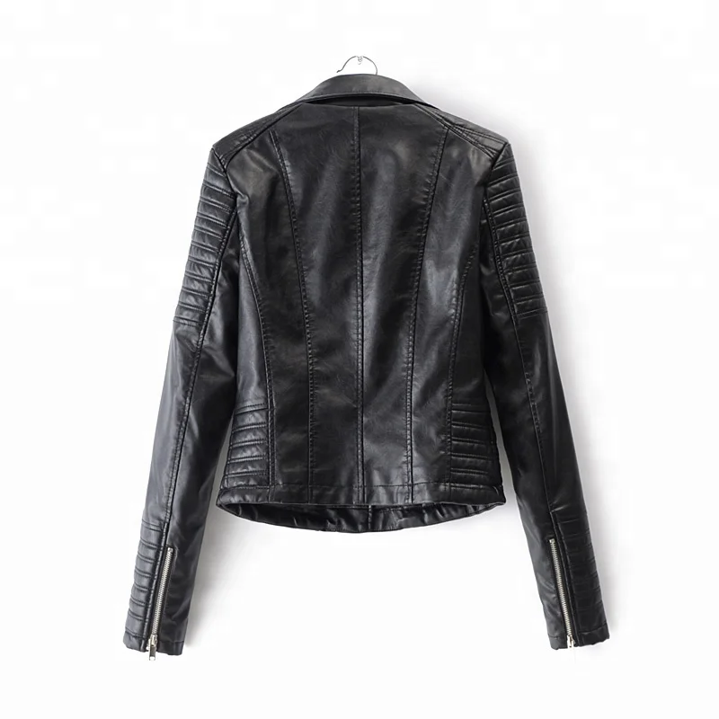 Quilted Slim Fit Black Women Synthetic Leather Jacket With Rivet