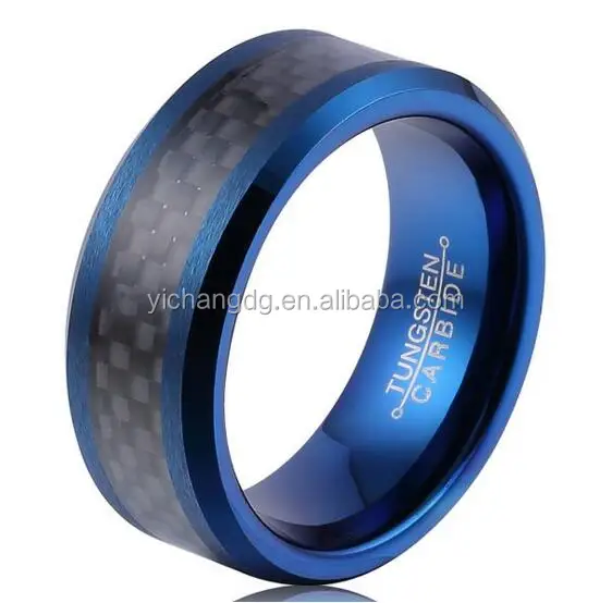 Мужские кольца из карбида вольфрама, обручальное кольцо с синим покрытием, инкрустация из черного углеродного волокна и скошенные края