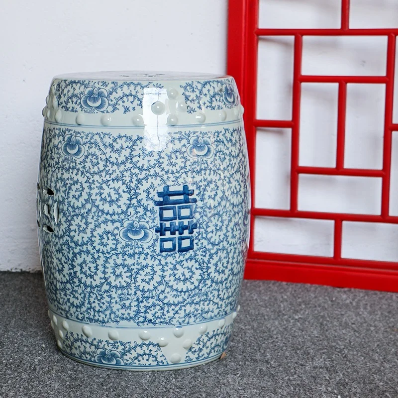 Blue and white double happiness Chinese ceramic garden stool porcelain seat for home decorative change shoe stool in living room