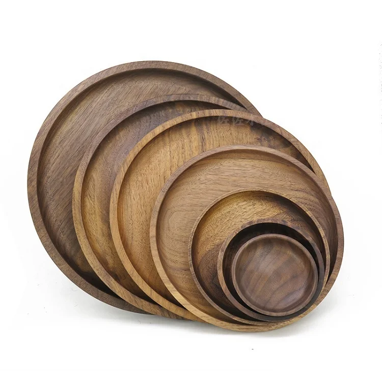 Wholesale Luxury Home Decor Custom Logo Carved Large Natural Wood Plate Dishes Round Walnut Wooden Food Serving Platters Tray