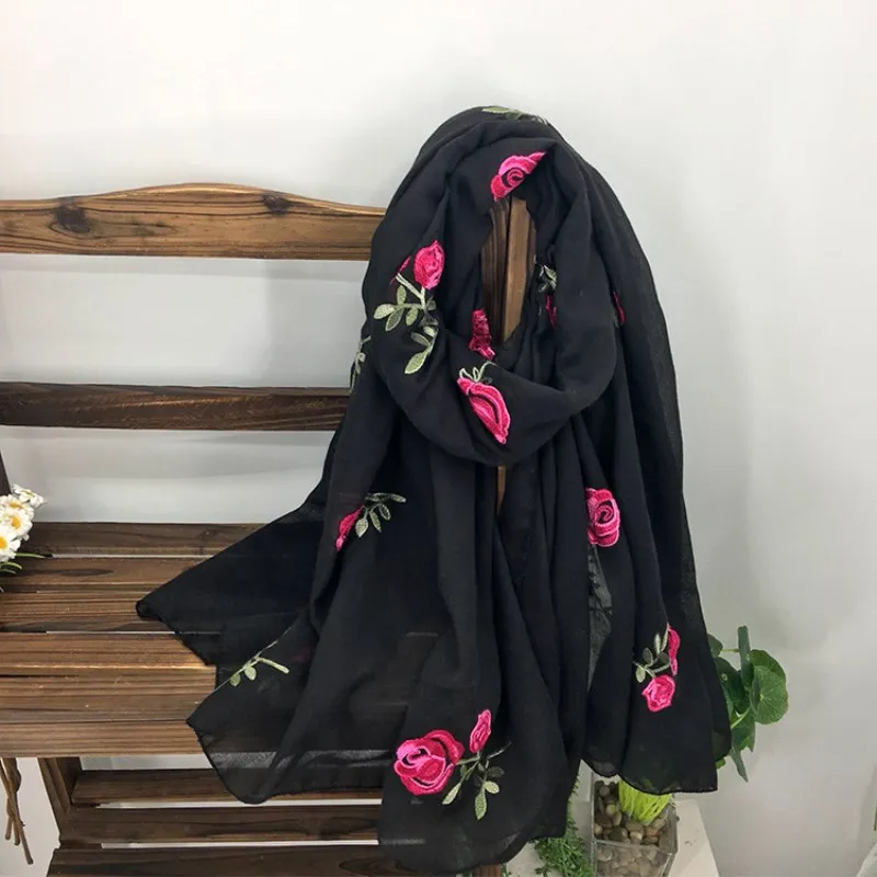 Luxury Long Embroidered Scarf Womens Cotton Scarves Rose Flower Embroidery Scarf Muslin Viscose Hijab 180*90cm