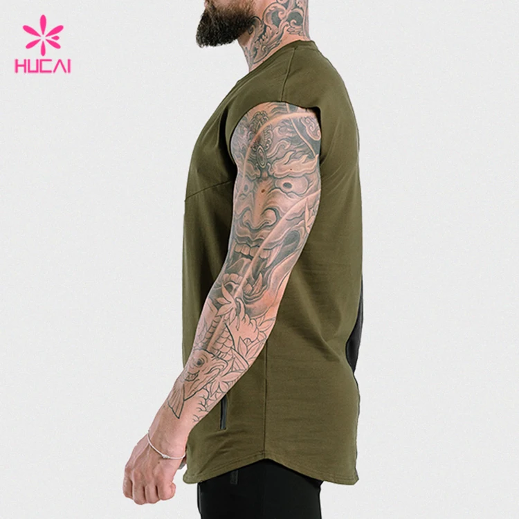 Wholesale Kangaroo Zipper Pocket Slim Fit Men Custom Curved Hem T-Shirt