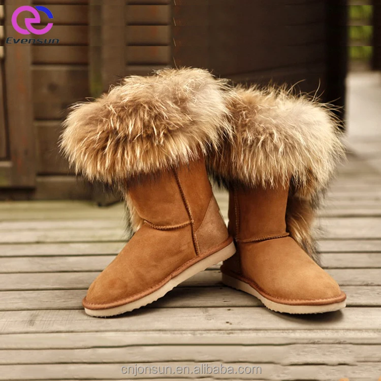 New Fashion Classic and Comfortable Double-face Winter Women Sheepskin Boots With Raccoon Fur Around