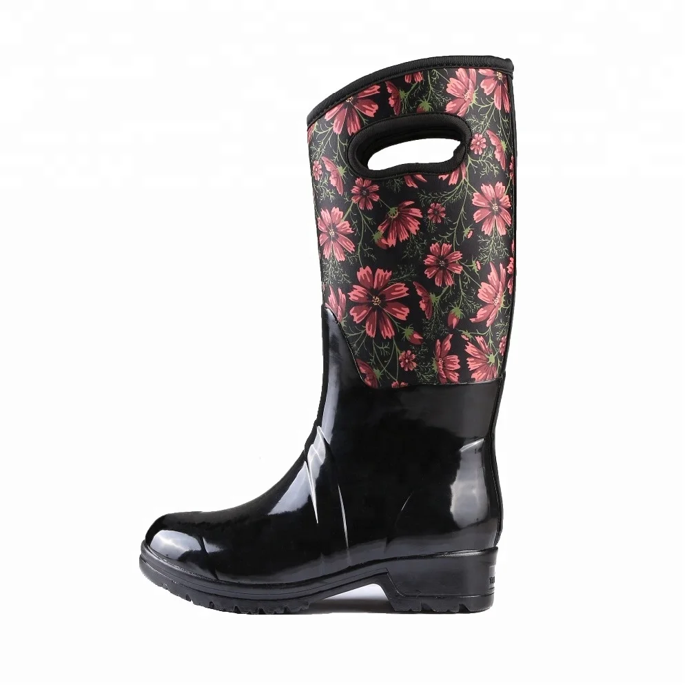 
 BSCI модные неопреновые высококачественные женские сапоги из натурального каучука с красными цветами оптом  