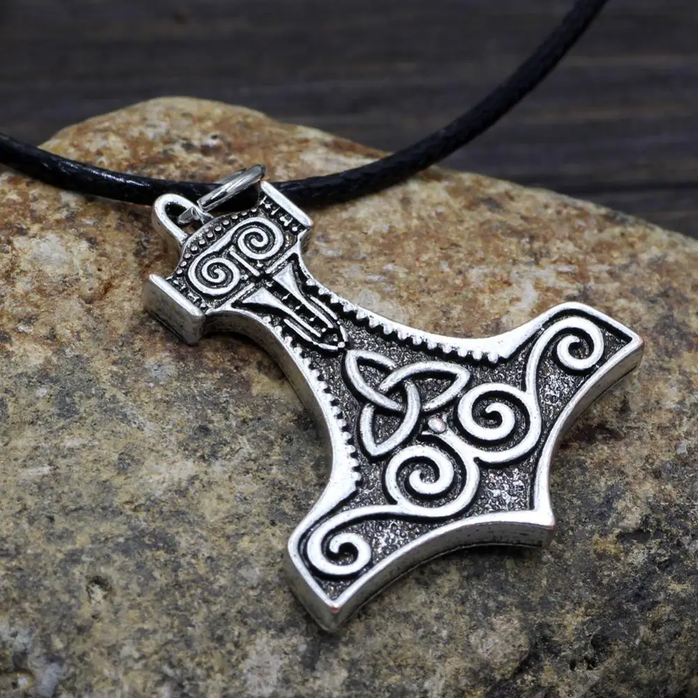 Norse Vikings Amulet PENDANT Necklaces Hammer Of Thor Mjolnir Pendant Leather Rope Necklaces Knot Viking Jewelry