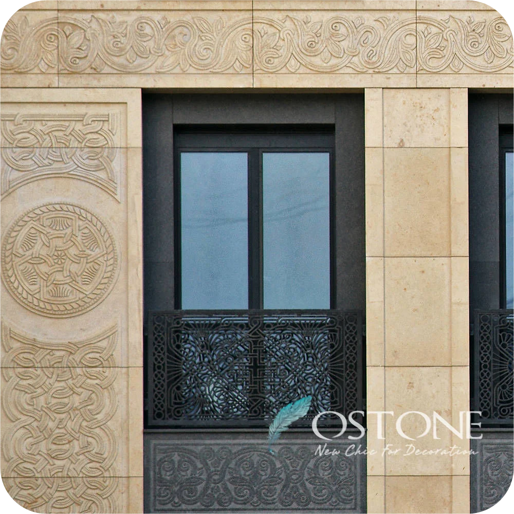 
Art Flower Design Yellow Limestone Carved Stone Wall Reliefs For Building Exterior Wall 