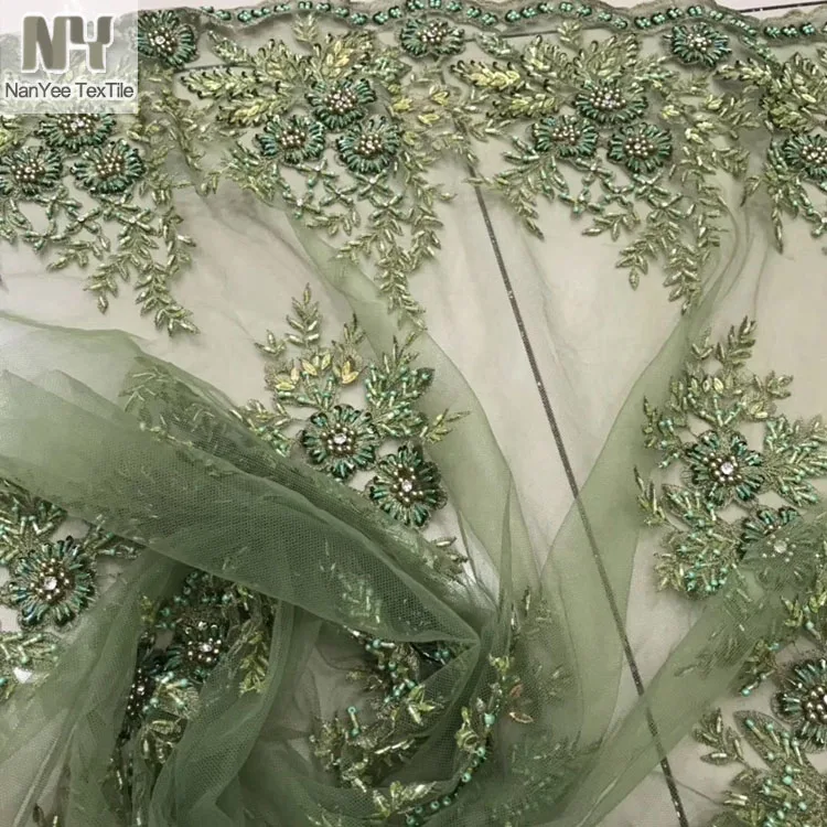 Nanyee Textile Stock Retail Hand Made Beads Sequin Embroidery Fabric For Wedding Bridal