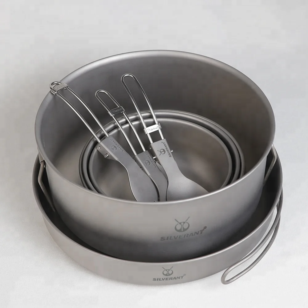 Ultralight Eight-piece Outdoor Camping Titanium Food Set Camping Equipment Cookware Folding Handle Pan Bowl Knife Spork Tools