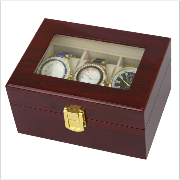 Hot Selling 3 Slots Glossy Mahogany Lacquer Solid Wood Watch Bracelet Packaging Storage Box With Glass Lid