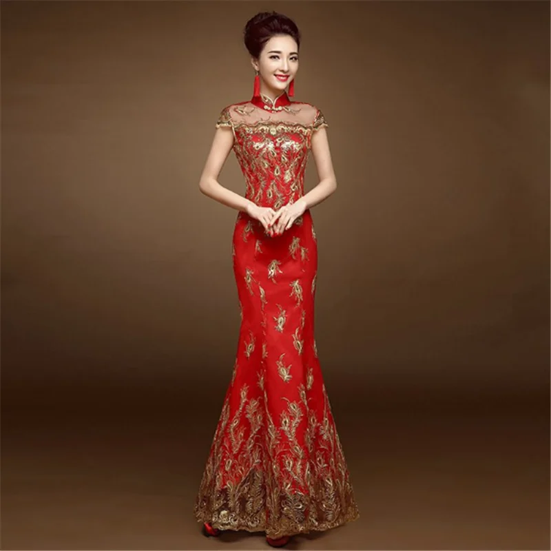 
fashion Chinese ladies elegant evening party sequin embroidered peacock fish tail wedding cheongsam qipao 