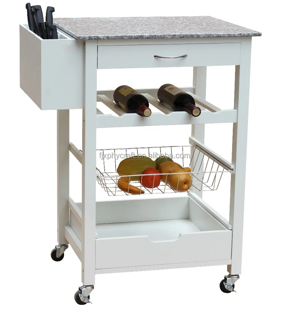 wooden kitchen cart with marble top