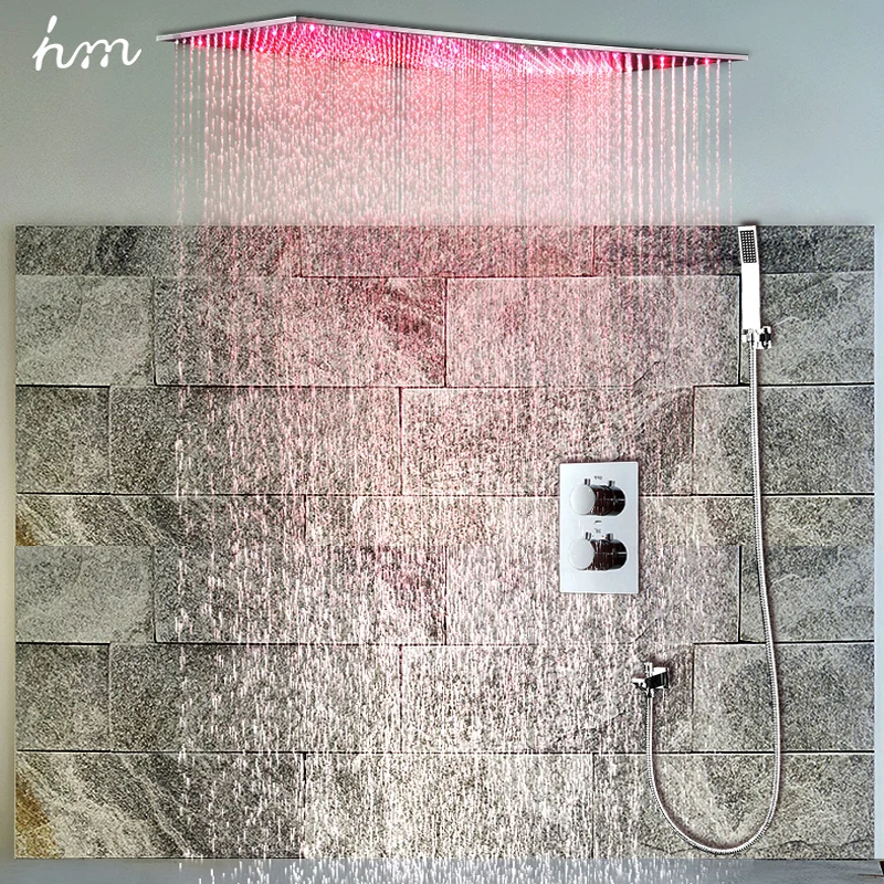 3 Colors Change Led Light Square Brass Big Shower Head , Bathroom Rainfall Mode Shower Sets