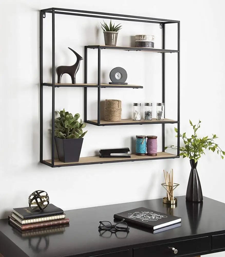 Large Modern Decorative Floating Wall Shelves with Black Metal Frame  Rustic Brown Wood