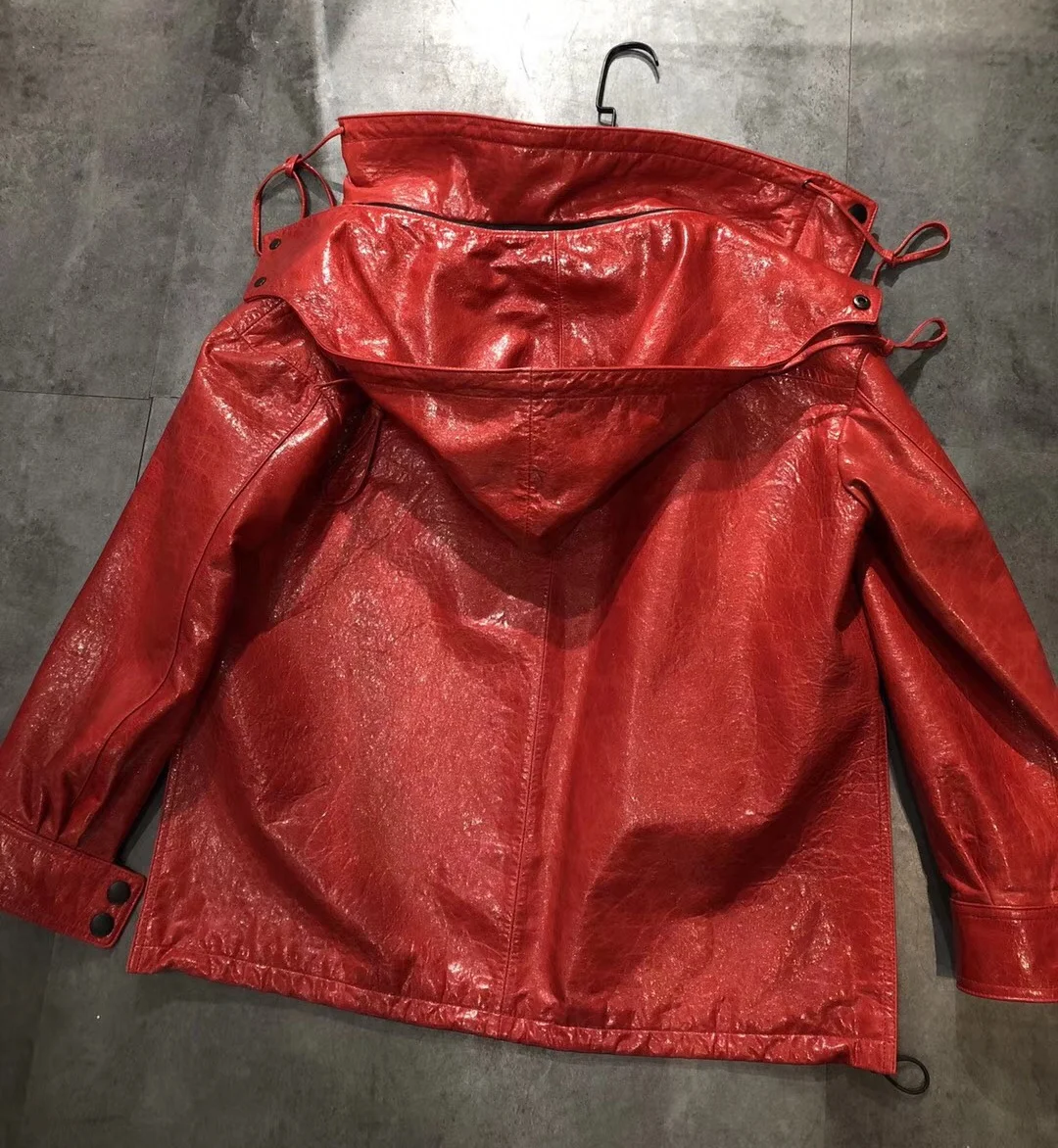 2021 New Red Color Bomber Jacket Outwear Casual Genuine Leather Windbreak Trench Coat Wax Sheepskin Leather Jacket for Women