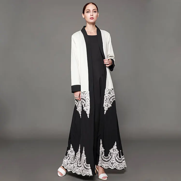 Hot sale China factory stylish design front open lace muslim wear abaya coat dubai