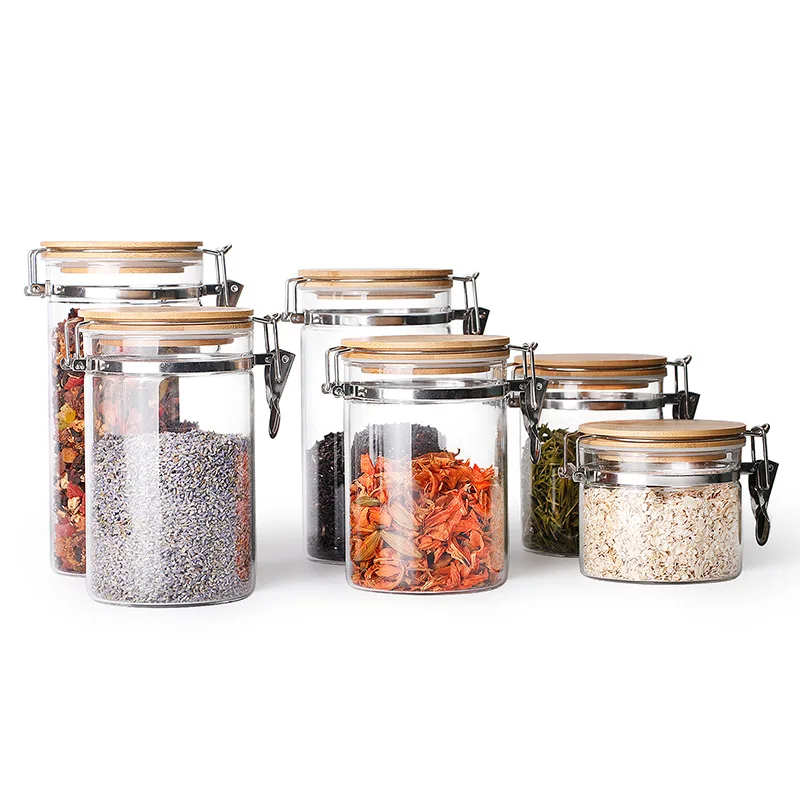 Clear Borosilicate Glass Food Storage Jar Canister with Airtight steel  buckle Locking Clamp Bamboo Lids