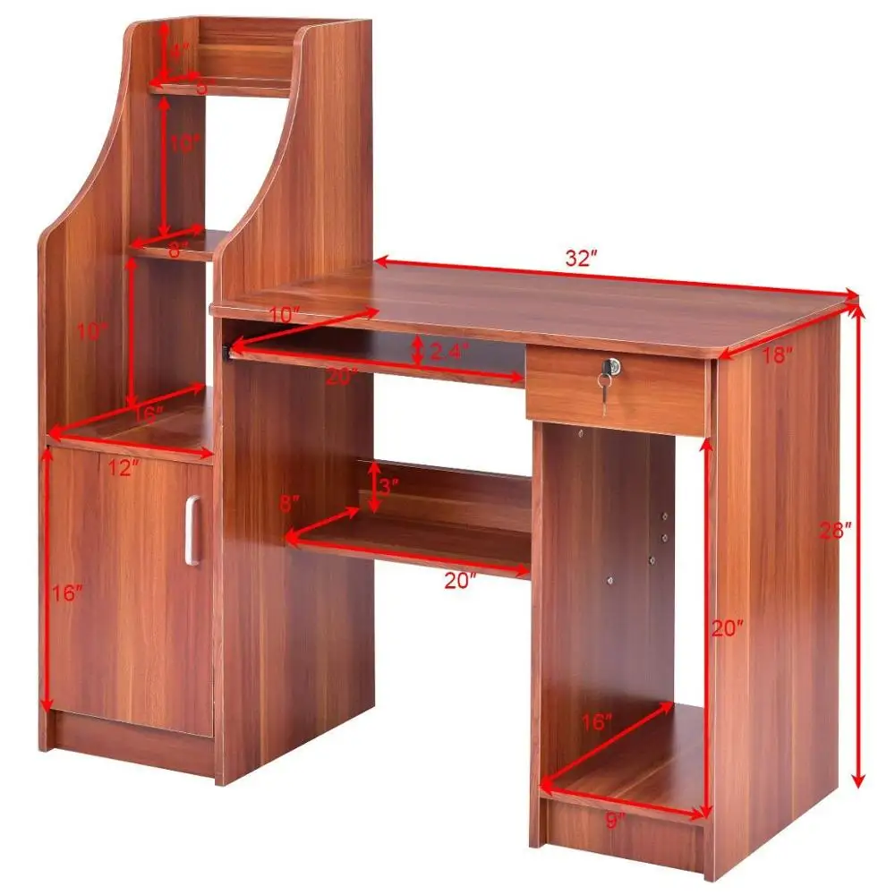 Computer Desk Wood Frame Home Office Efficient Desk with Sliding Keyboard Tray Lockable Drawer Bookshelf Storage CPU Cabinet