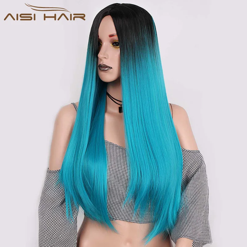 Aisi Hair Hot Selling Long Silky Straight Ombre Blue Color Wig Cheap Synthetic Cosplay Wigs For Black Women Heat Resistant Fiber