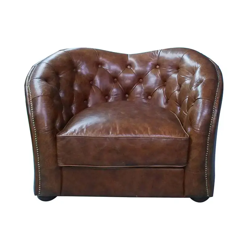 Hotel Chesterfield Tufted Button Back Vintage Brown Genuine Leather 1 Seater Sofa with Copper Nail