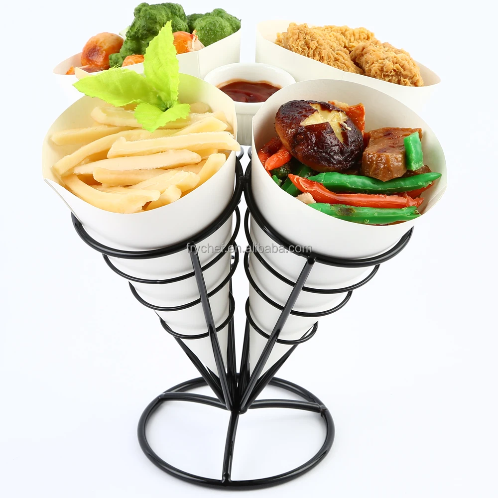 French Fries Serving Holder with 4 Cones,Metal Appetizer Chip Dessert Cone F0066