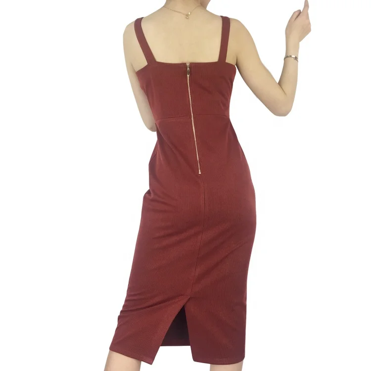 
jacquard spaghetti strap back zipper rust red split long dress 
