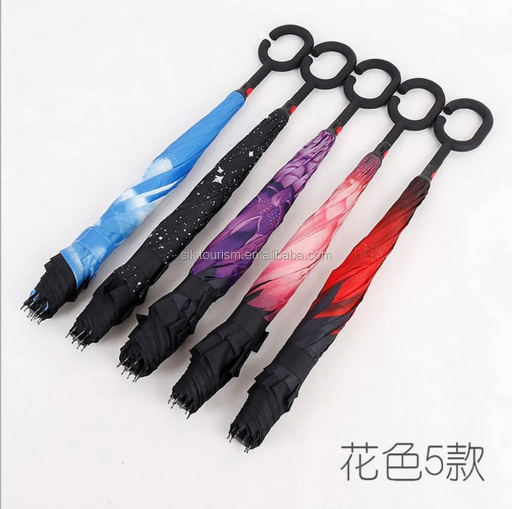 
2017 new Style Double layer customized print reverse inverted umbrella with C shape Handle 
